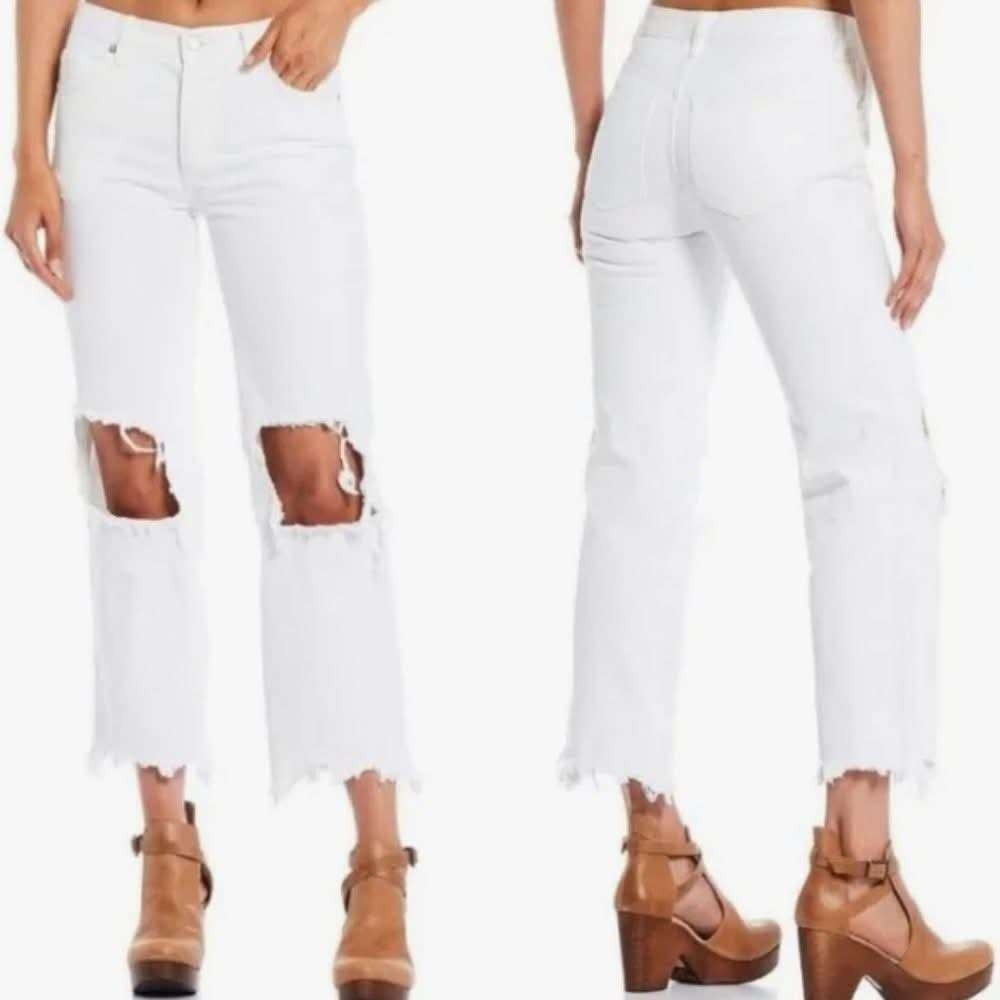 Free People We The Free Straight Leg Jeans Women 32 White NWT Distressed Frayed